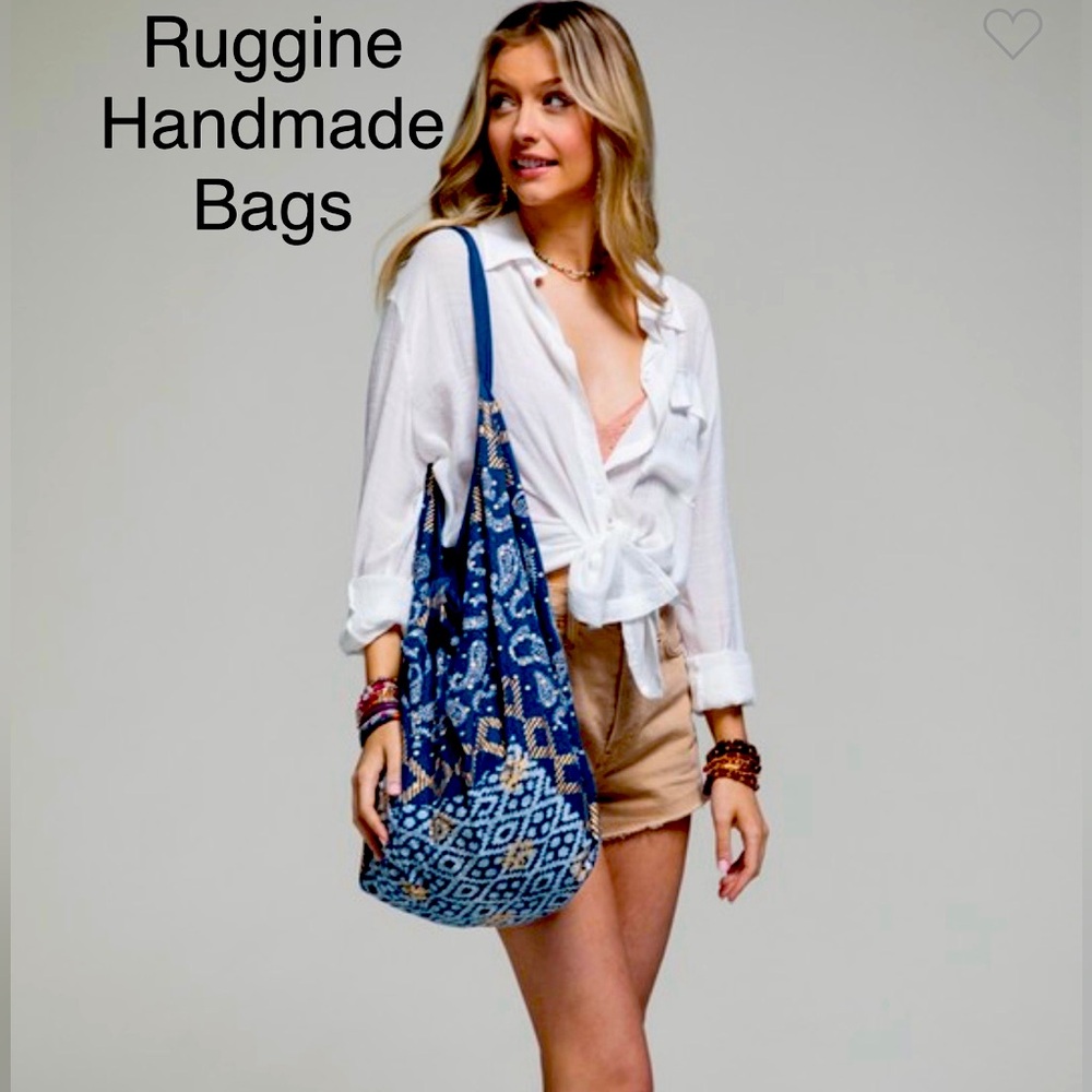 BUC6💙Ruggine handmade Chic Blue pattern Tote Bag w/matte gold details boho magic